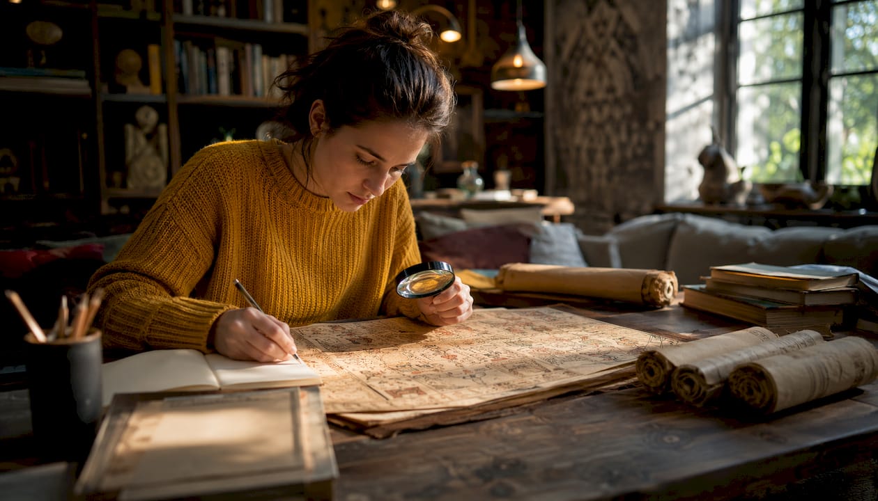 Linguist studying ancient Mayan glyphs in library