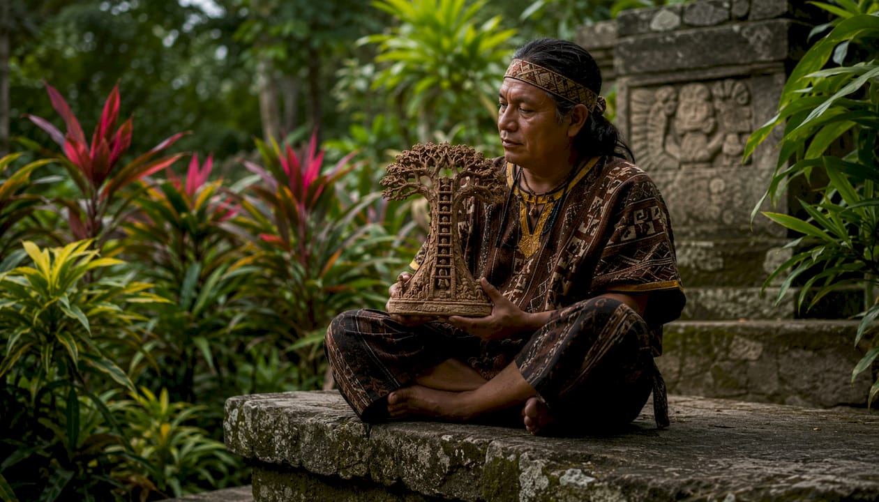 Maya man with Ceiba tree model outdoors