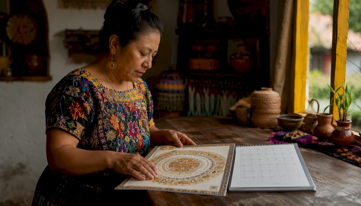 Maya woman converting birthday on calendar