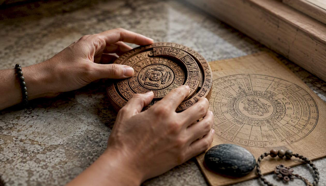 Hands turning Mayan calendar wheel on desk