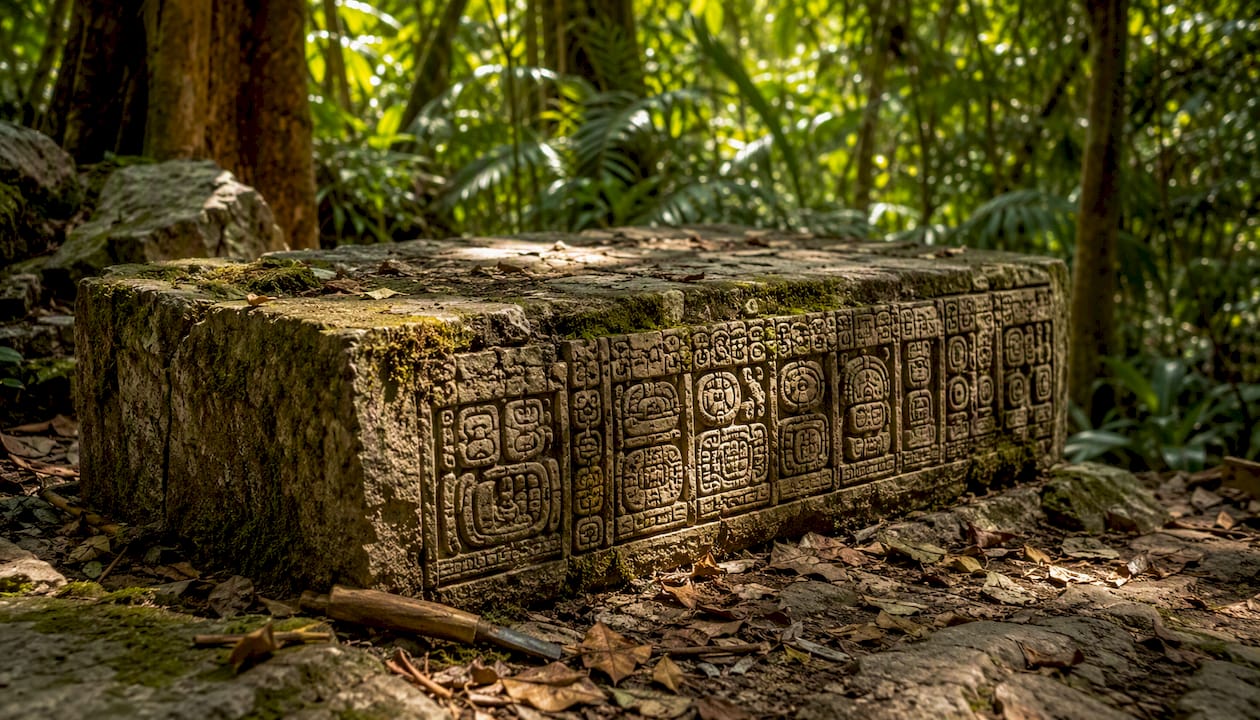 Stone altar with Mayan calendar glyphs outdoors