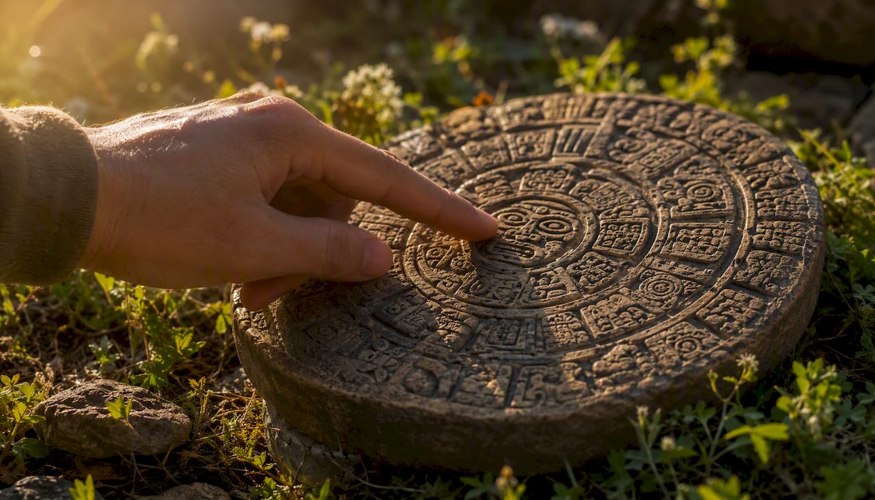 Hand tracing Mayan calendar glyph carving