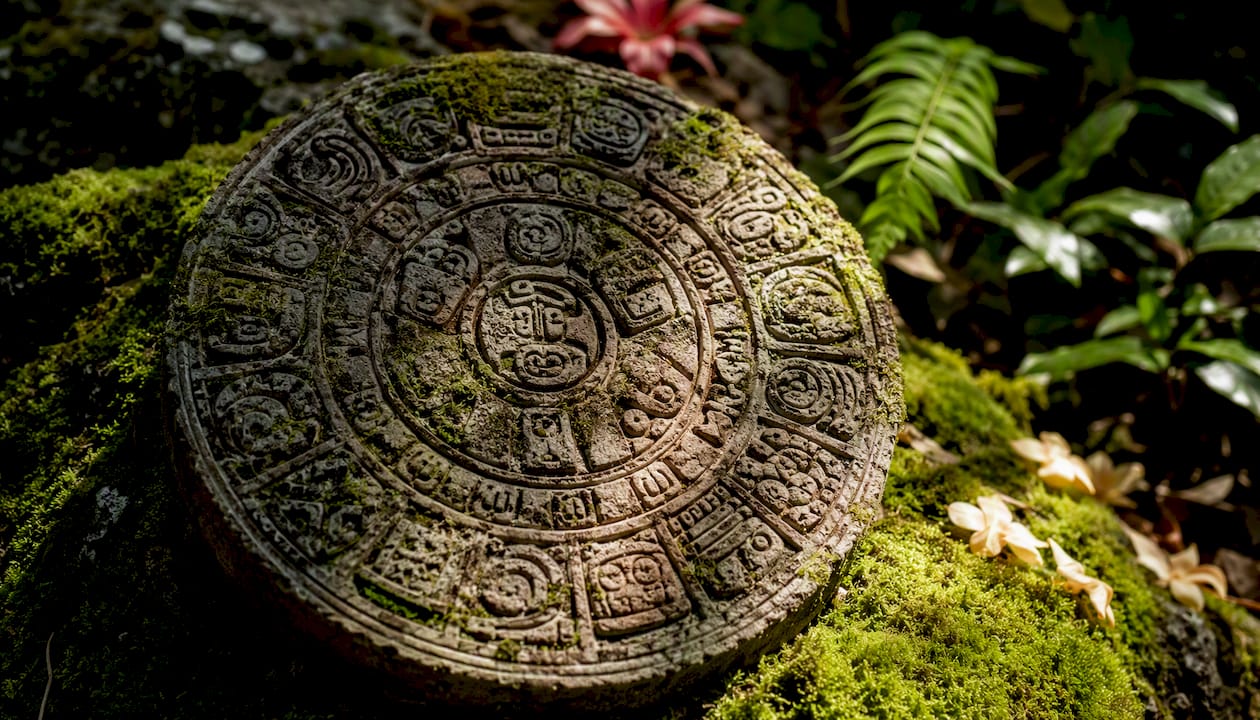 Carved Mayan Tzolkin calendar glyph stone outdoors