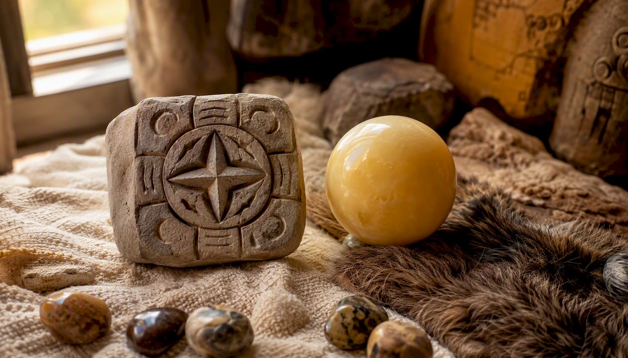 Carved Mayan Lamat glyph with yellow Venus sphere