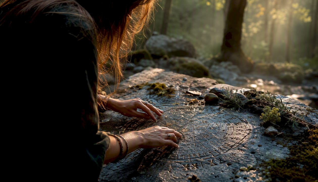 Hands tracing ancient Venus star chart on stone