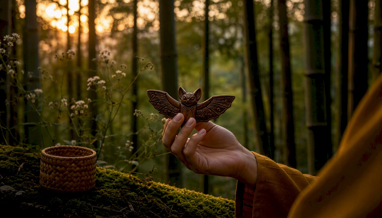 Hand holding carved bat figurine at dawn