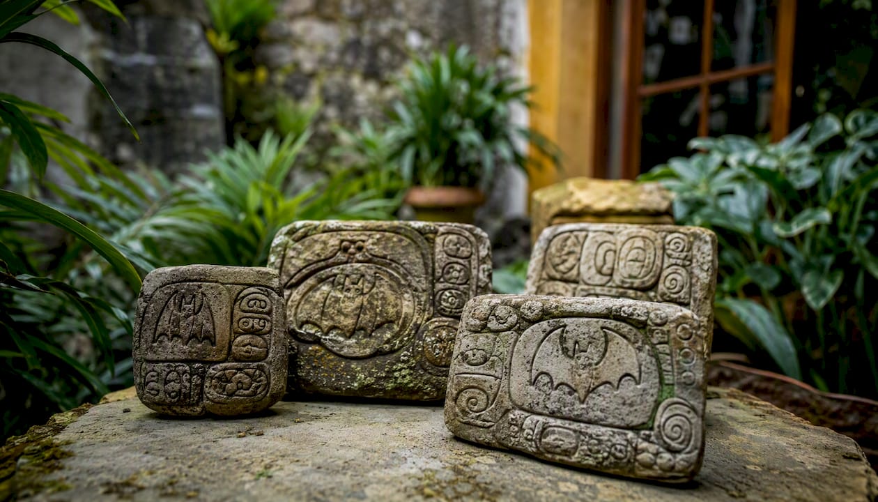 Carved Mayan stones with bat glyph