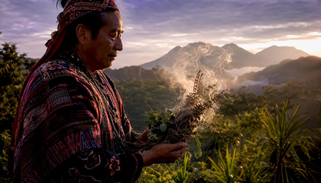 Mayan Day Keeper performing ritual outdoors