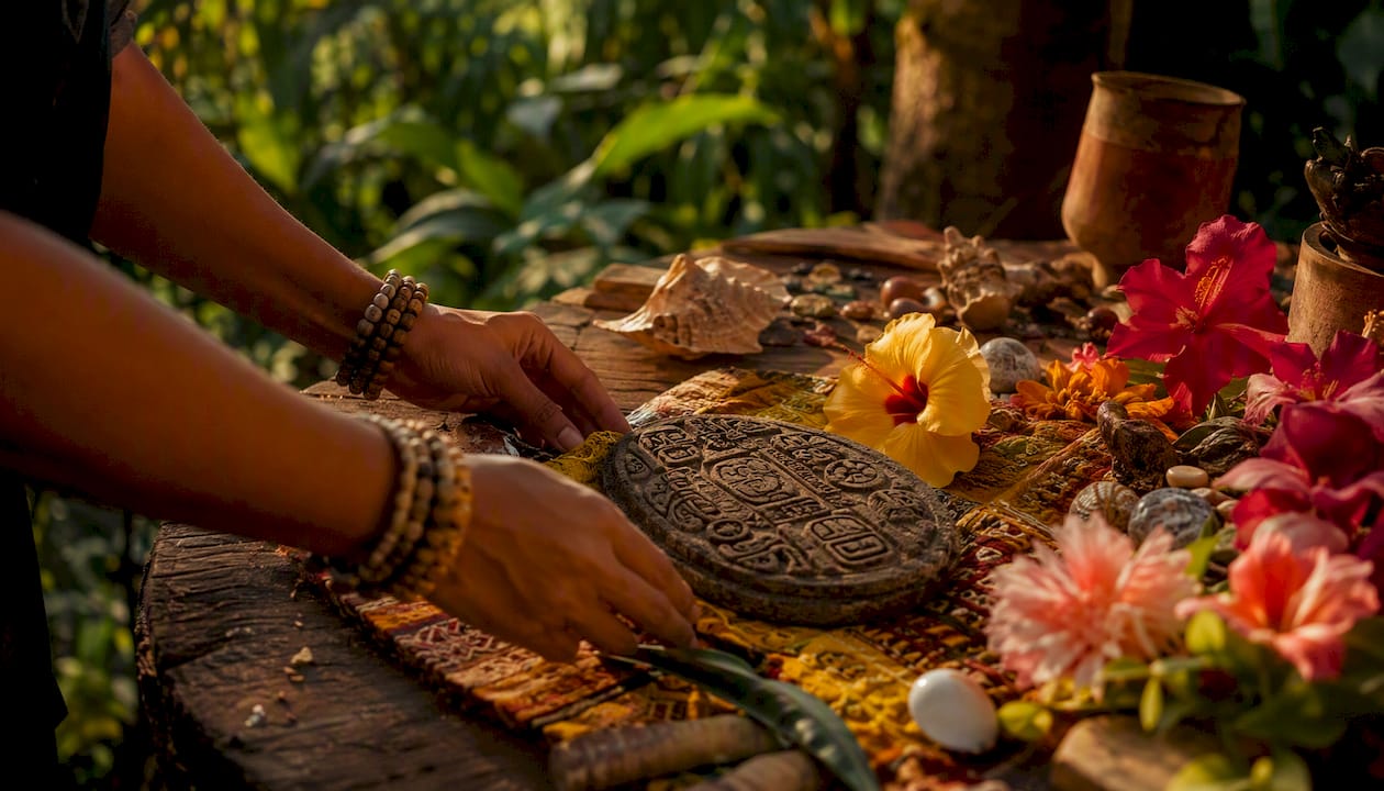 Ancient Mayan calendar stone and ritual tokens