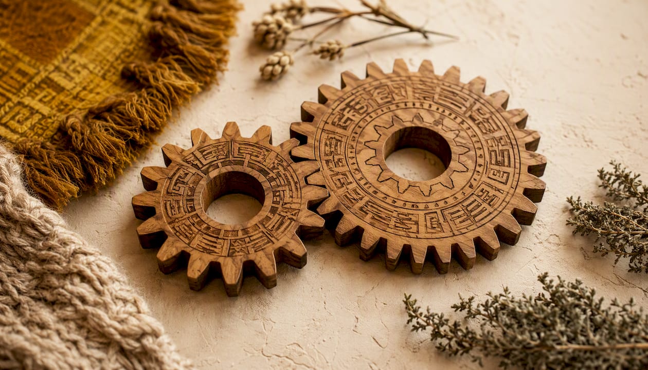 Two interlocking wooden gears representing calendar cycles