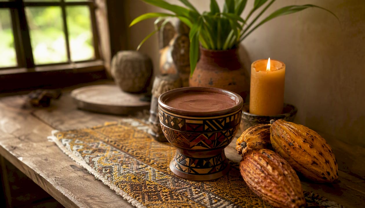 Ceremonial cacao cup on wooden altar