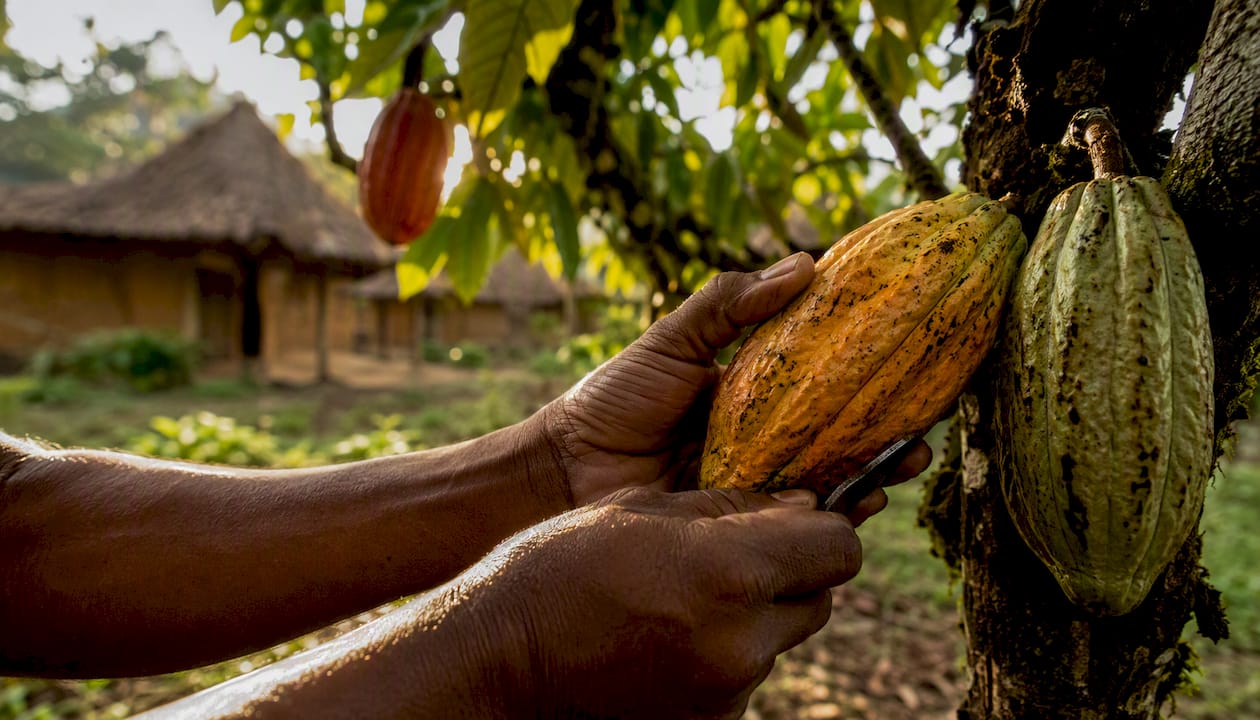 Hands harvesting cacao pods on farm