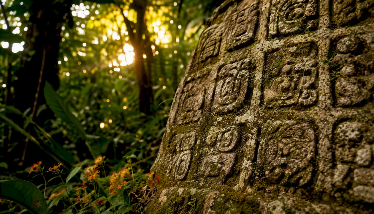 Close-up of ancient Mayan calendar stone glyphs outdoors