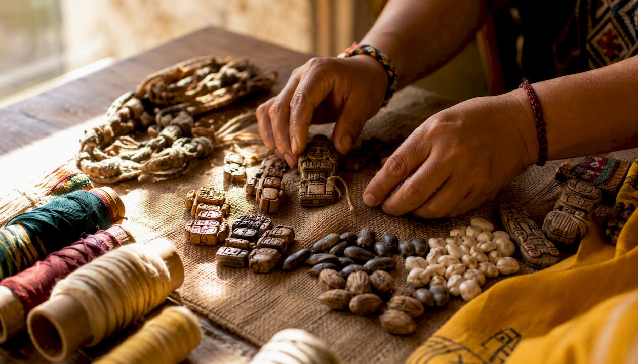 Hands arranging Mayan ritual tokens on cloth