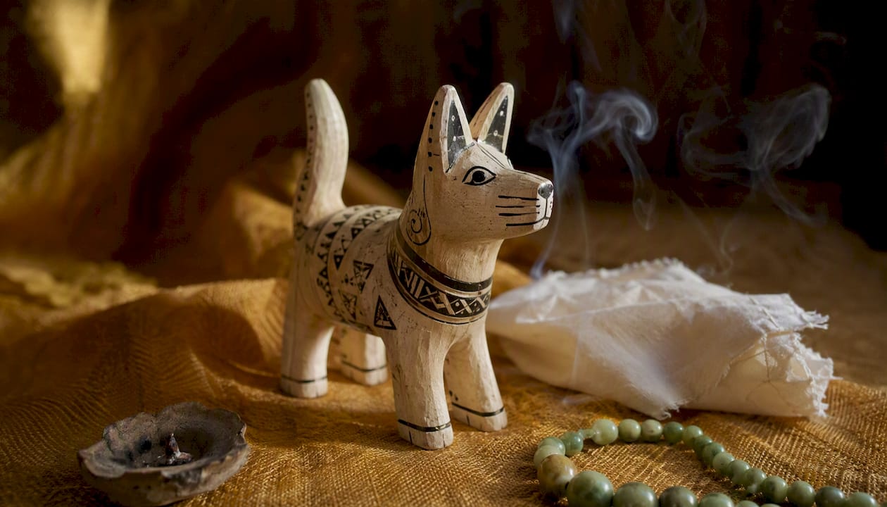 White painted Maya dog figurine in ritual setting