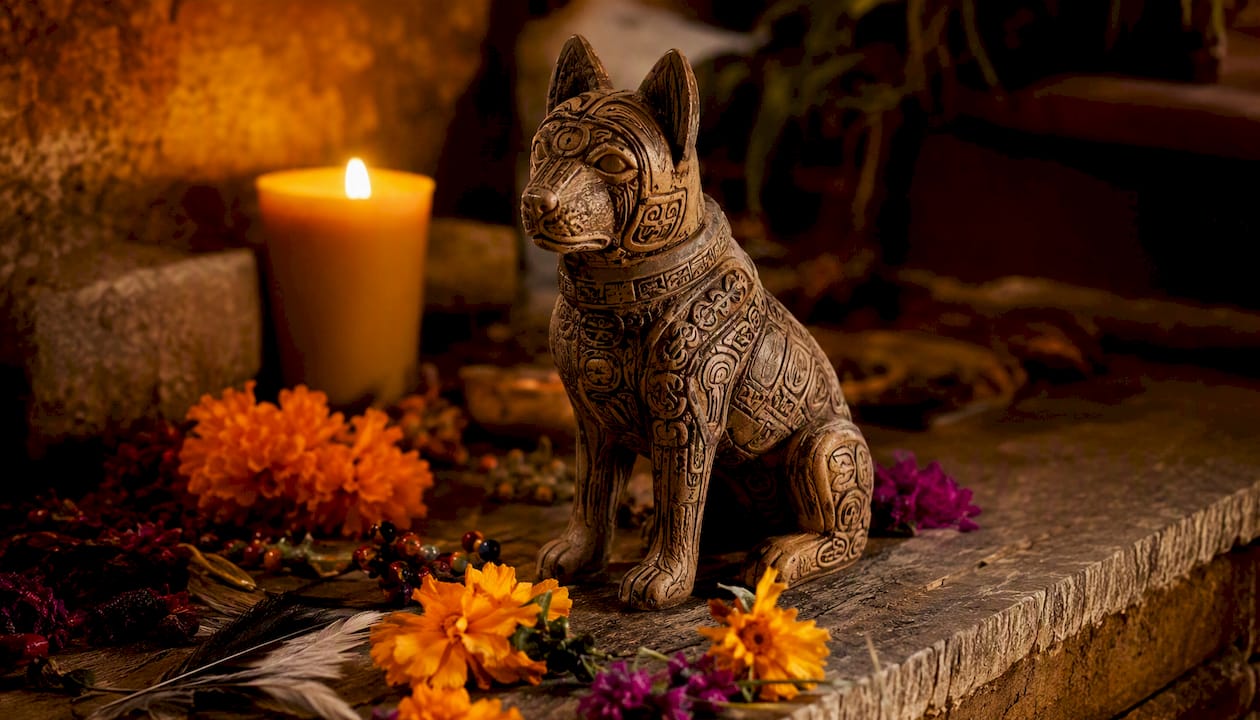 Carved Mayan dog figurine on ritual altar