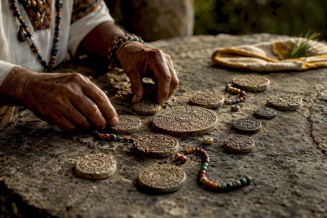 Mayan daykeeper arranging calendar stones