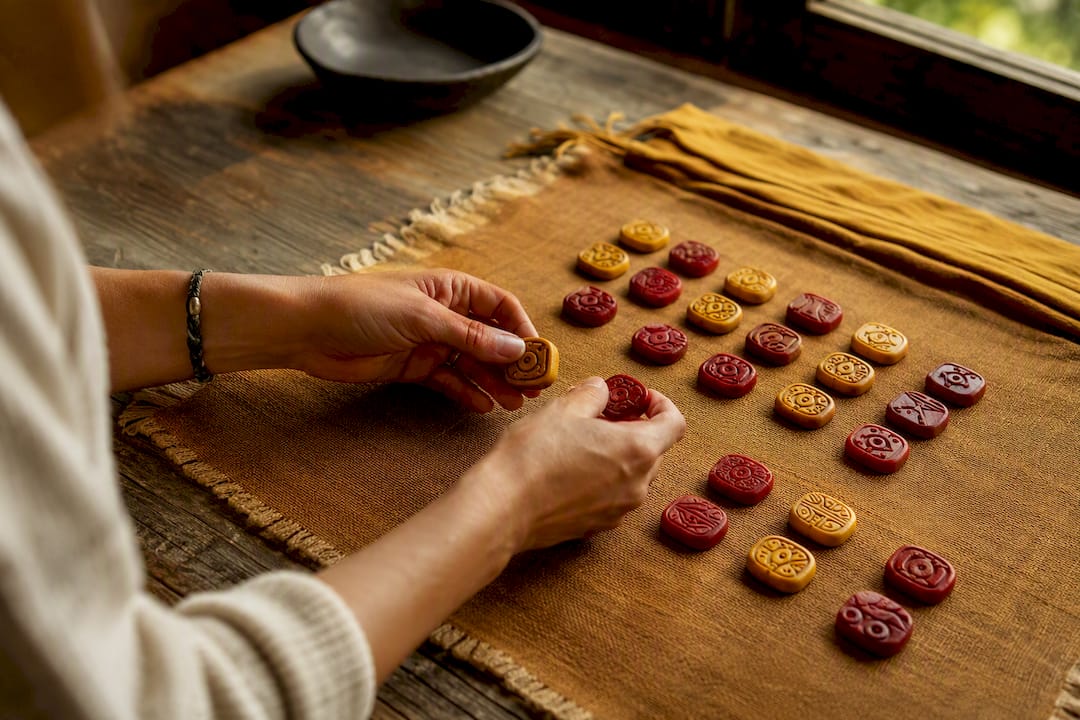 Hands arranging Mayan calendar glyph tokens