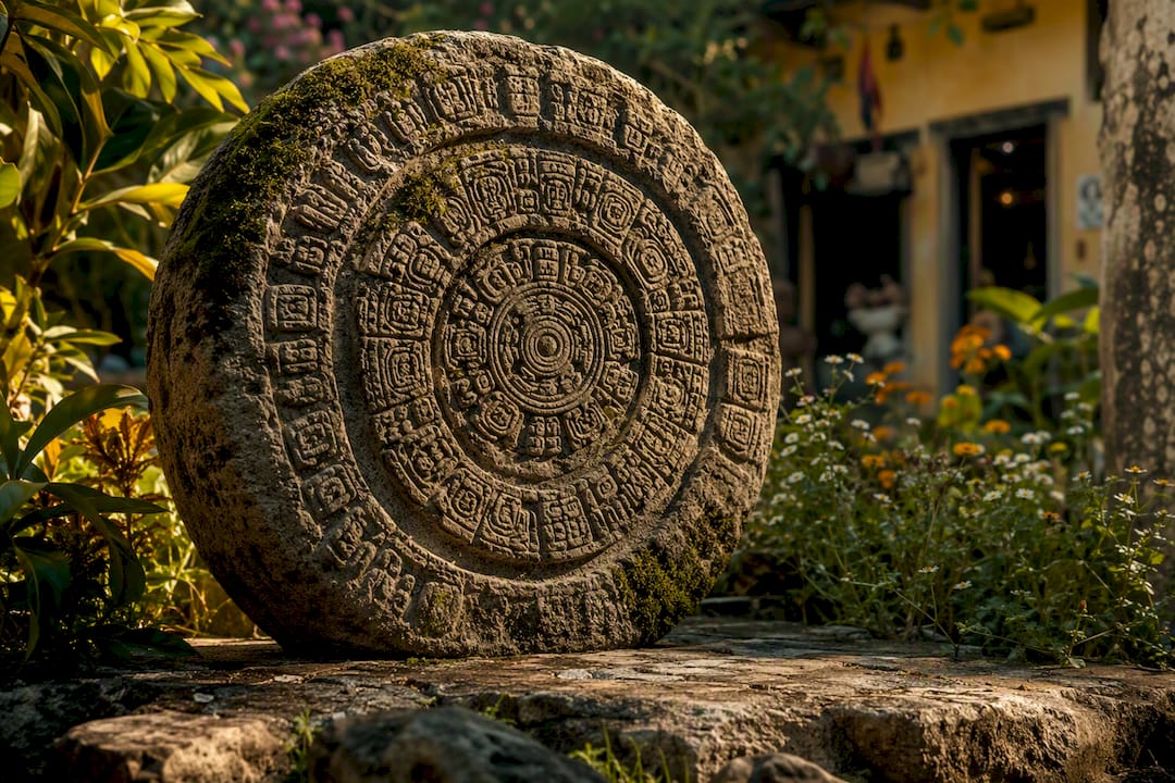 Close-up of Mayan Long Count glyphs on carved stone