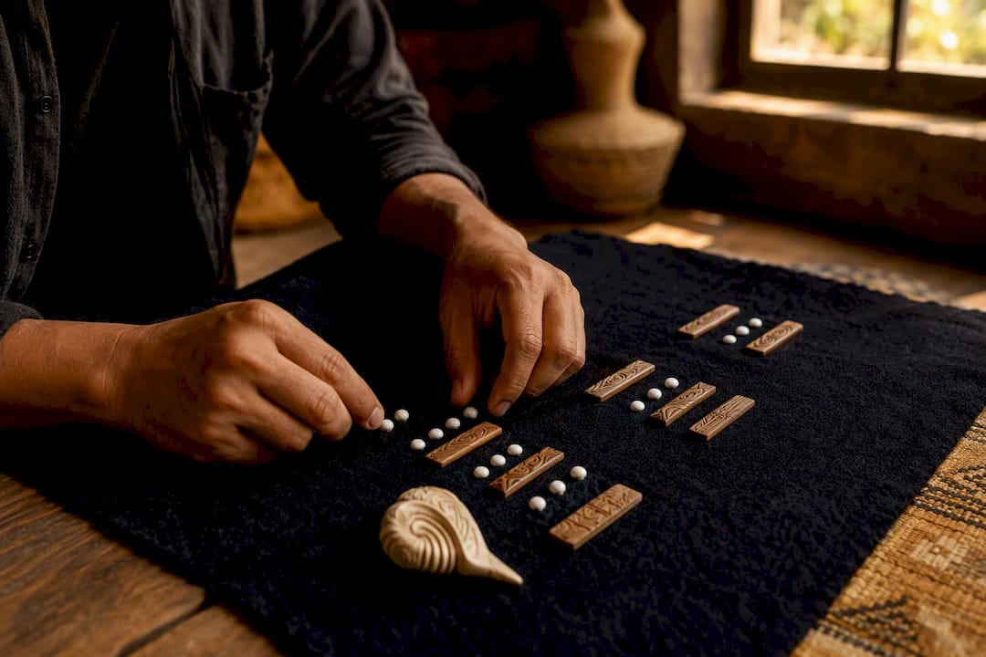 Hands arranging Mayan dots, bars, and shell symbols