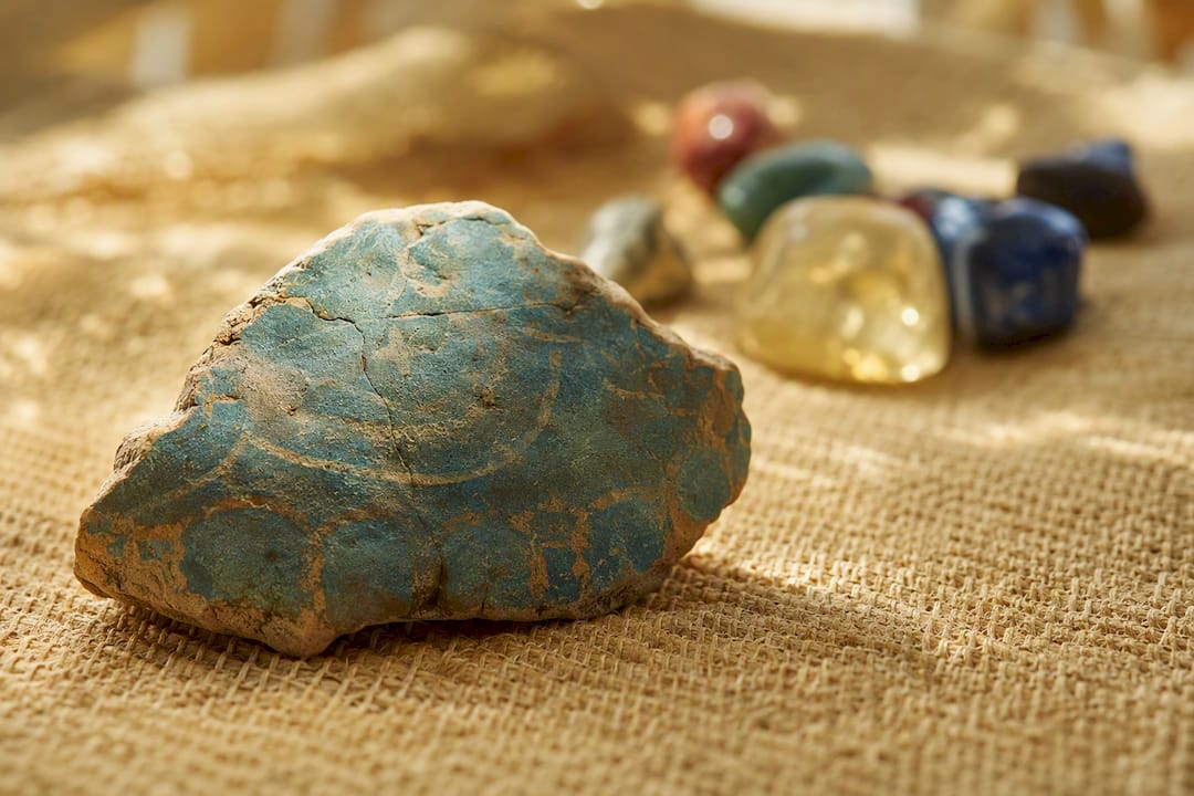 Close-up of Maya blue pigment on pottery fragment