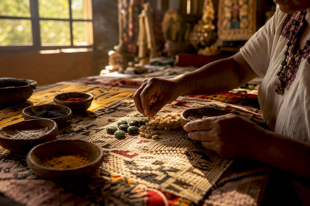 Hands arranging Maya colored pigments on ritual altar