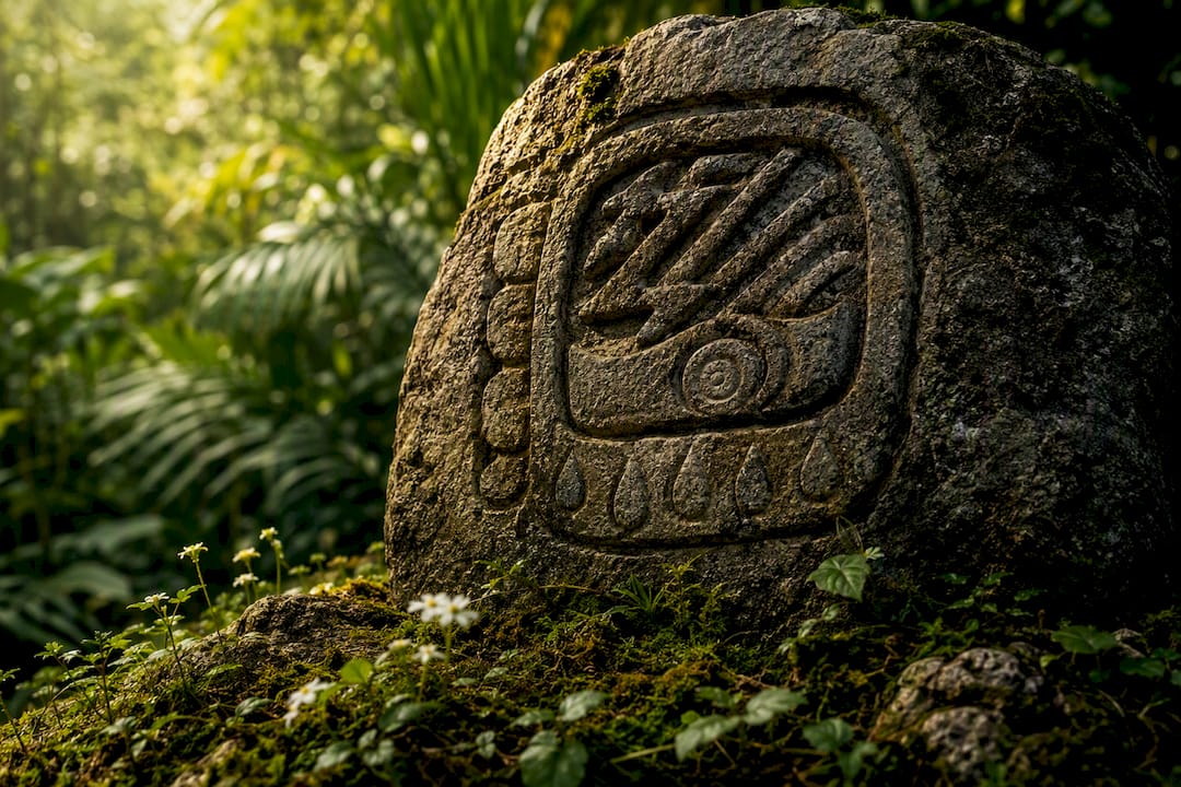 Close-up of Mayan Blue Storm glyph carved in stone