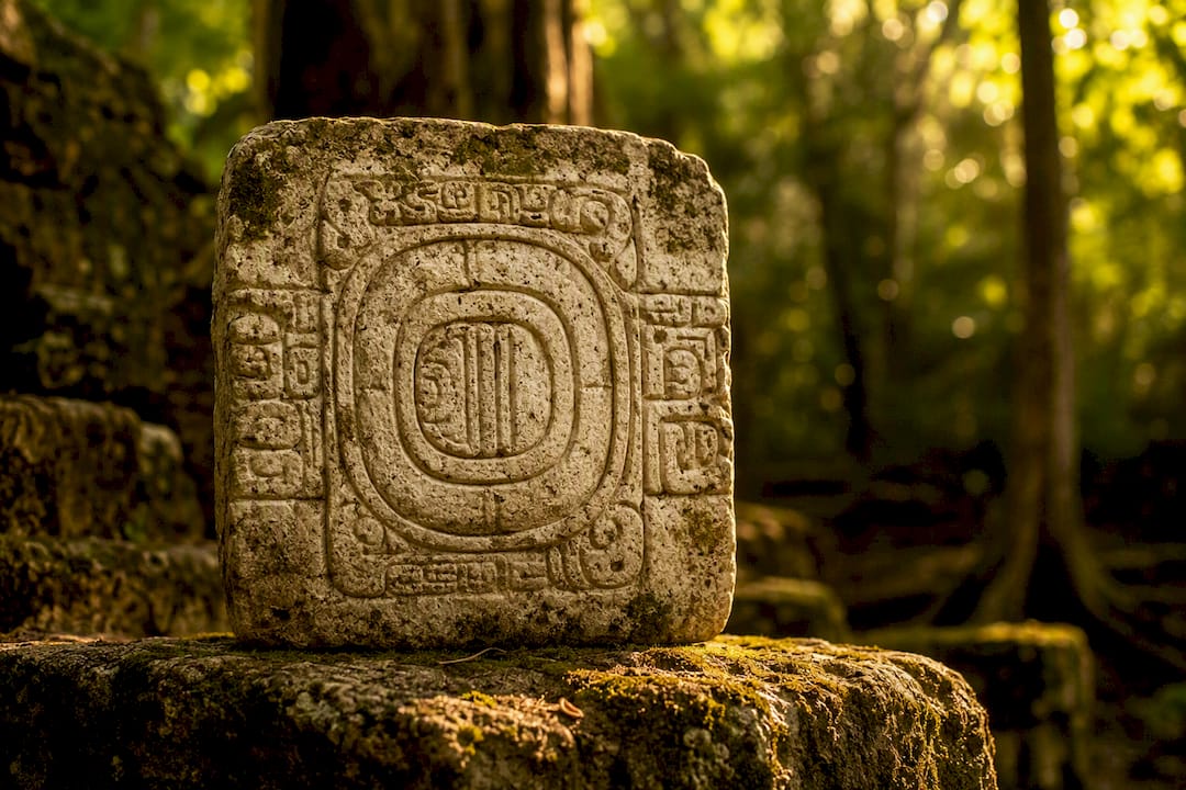 Close-up of Mayan Etznab glyph carved in white stone