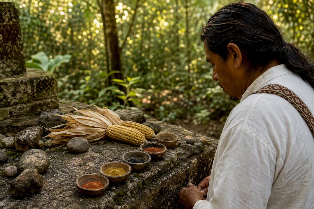 Wooden chalice and maize stalk on ritual table