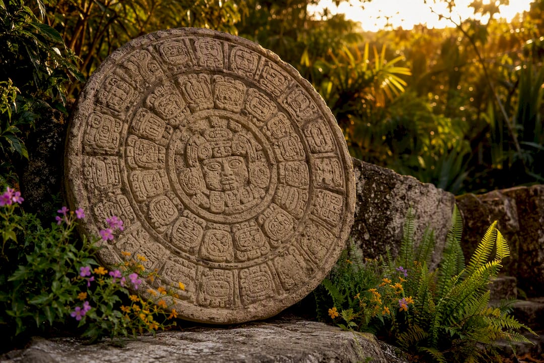 Close-up of Mayan Tzolkin calendar glyphs