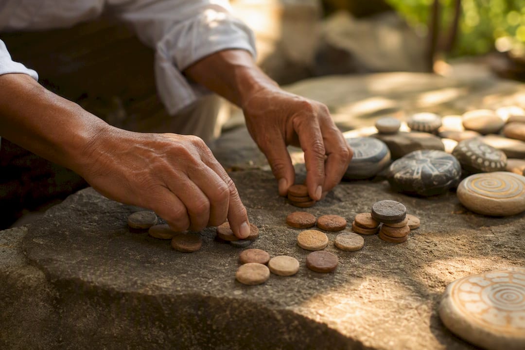 Hands arranging Mayan clay tokens on table