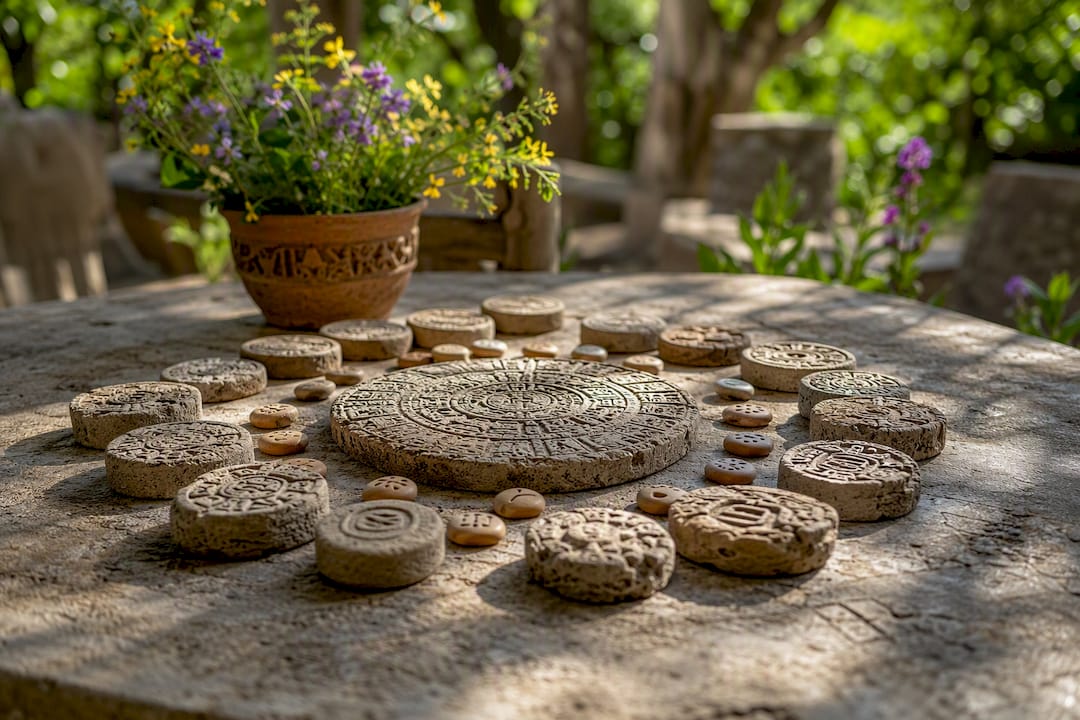 Close-up of Mayan calendar stones on ritual table