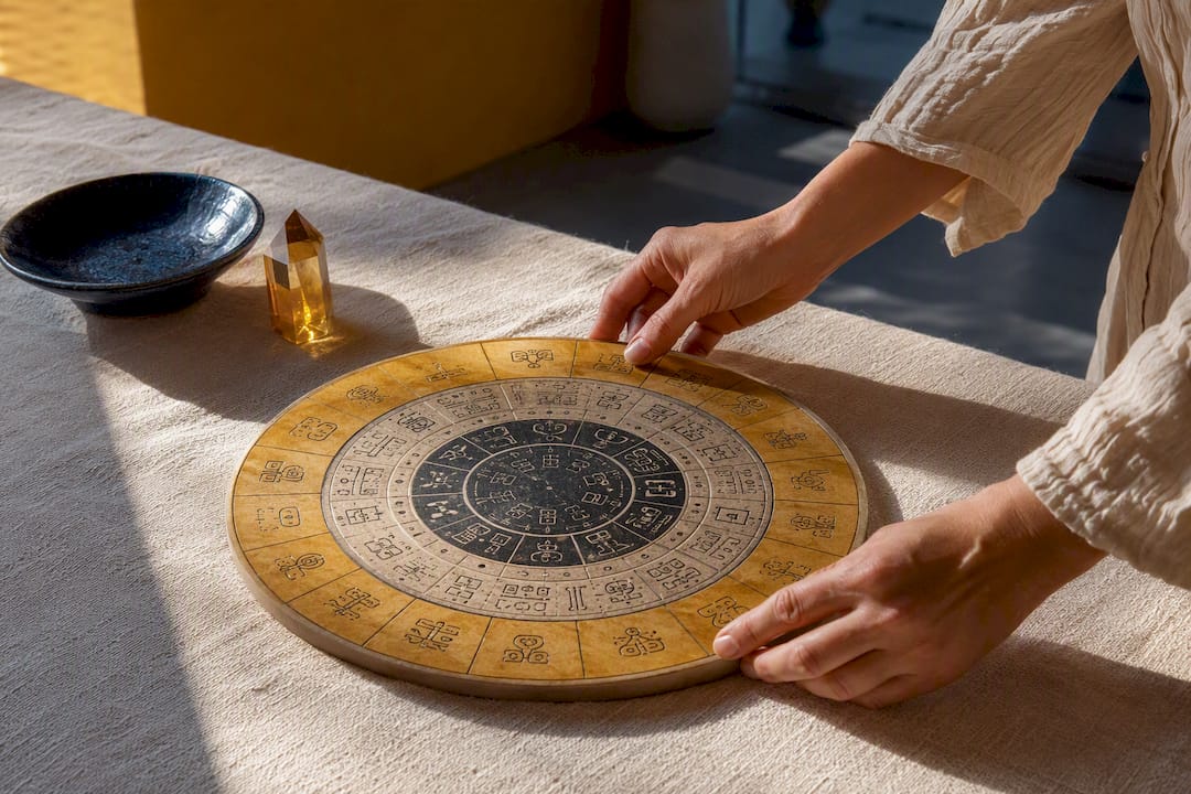 Hands aligning a Tzolkin calendar wheel