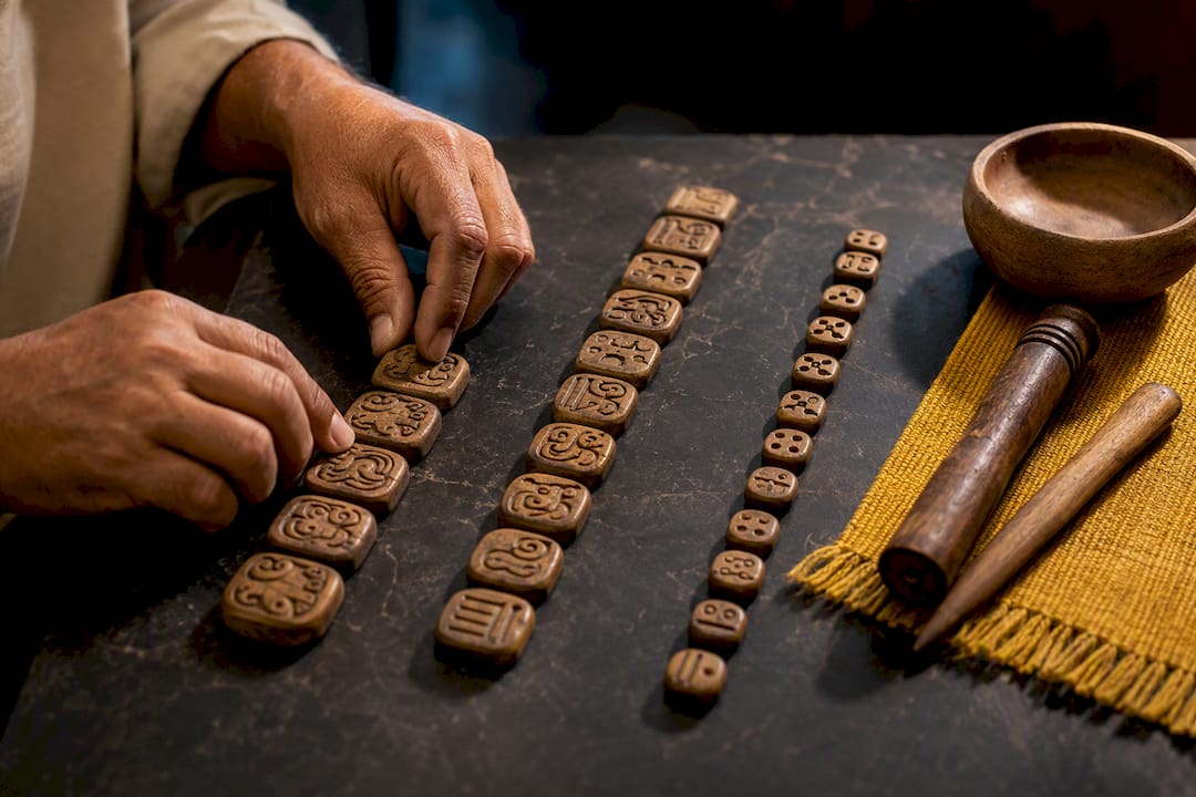 Hands arranging Maya day sign markers