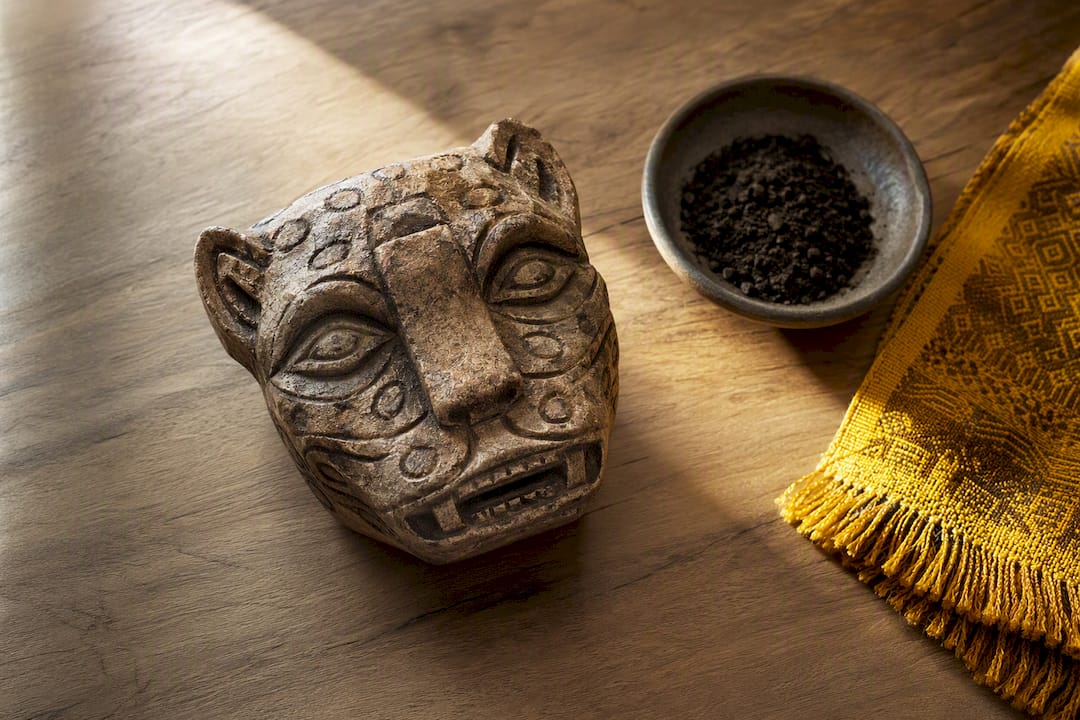 Carved jaguar motif beside dark earth
