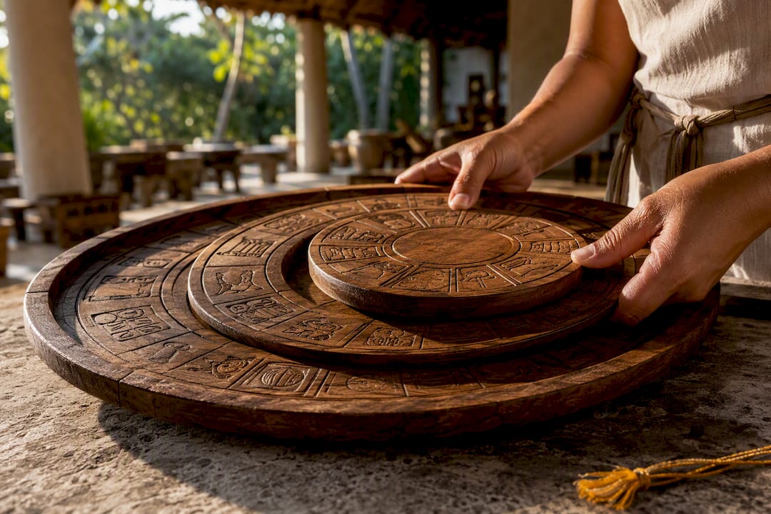 Interlocking Maya calendar wheels in warm light