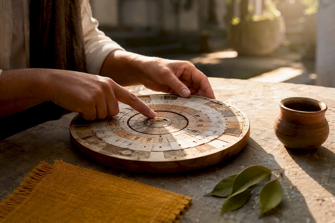 Hands consulting a Tzolk'in calendar at dawn